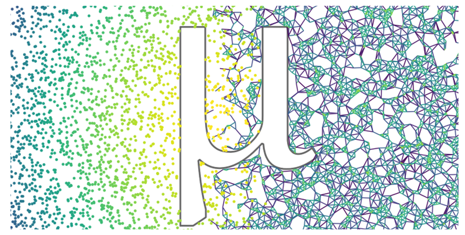 A creatative MuSpAn domain with points and networks filtered by a large MuSpAn logo demonstration the control of interactions between point objects, shape objects, networks and labels