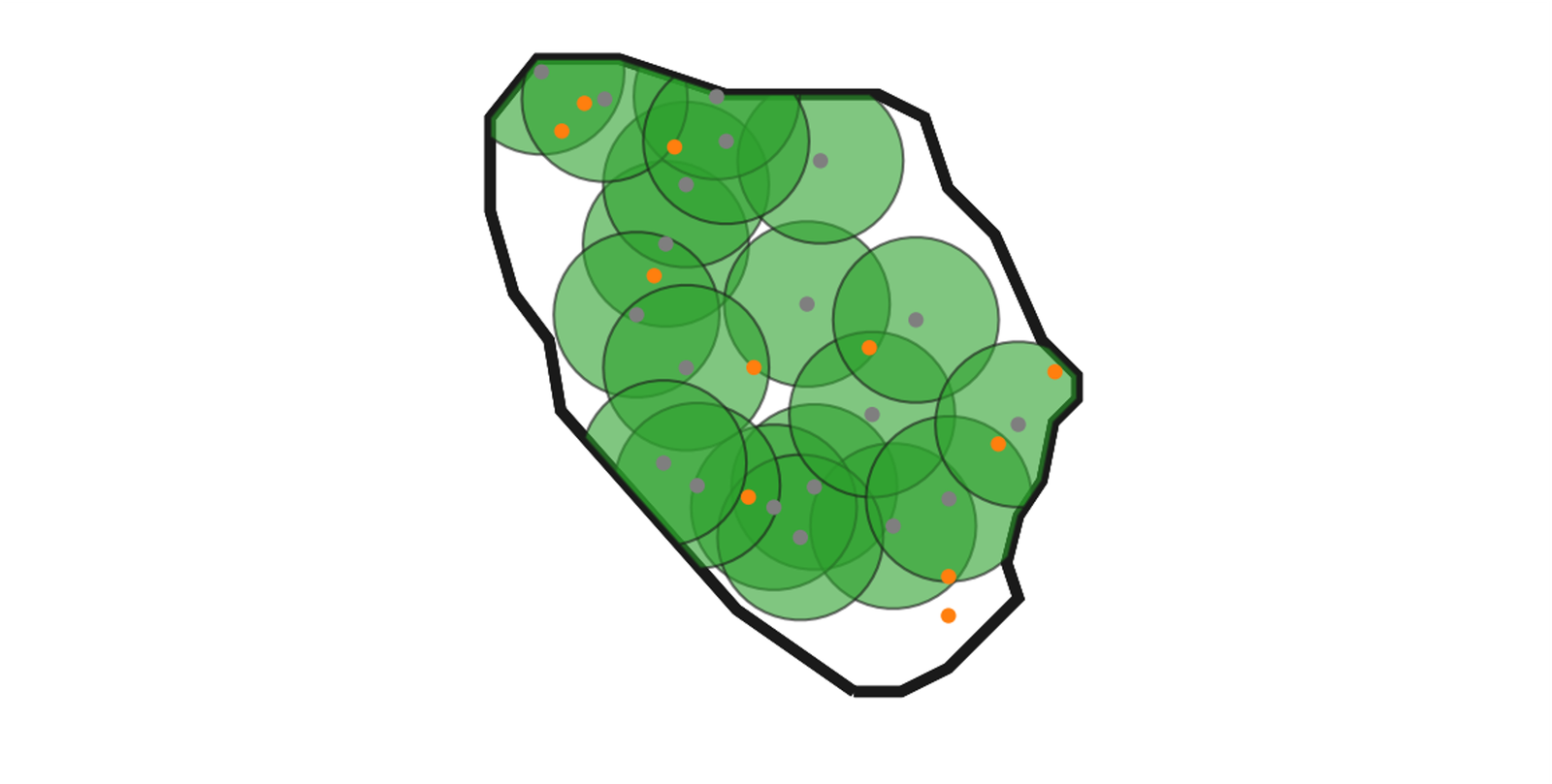 Demonstration of the discs about transcripts used to compute cross-Ripley's function within a cell, correcting for boundaries
